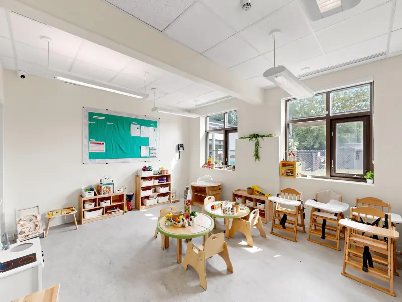 High chairs lined up for snacks, spills and happy messes.